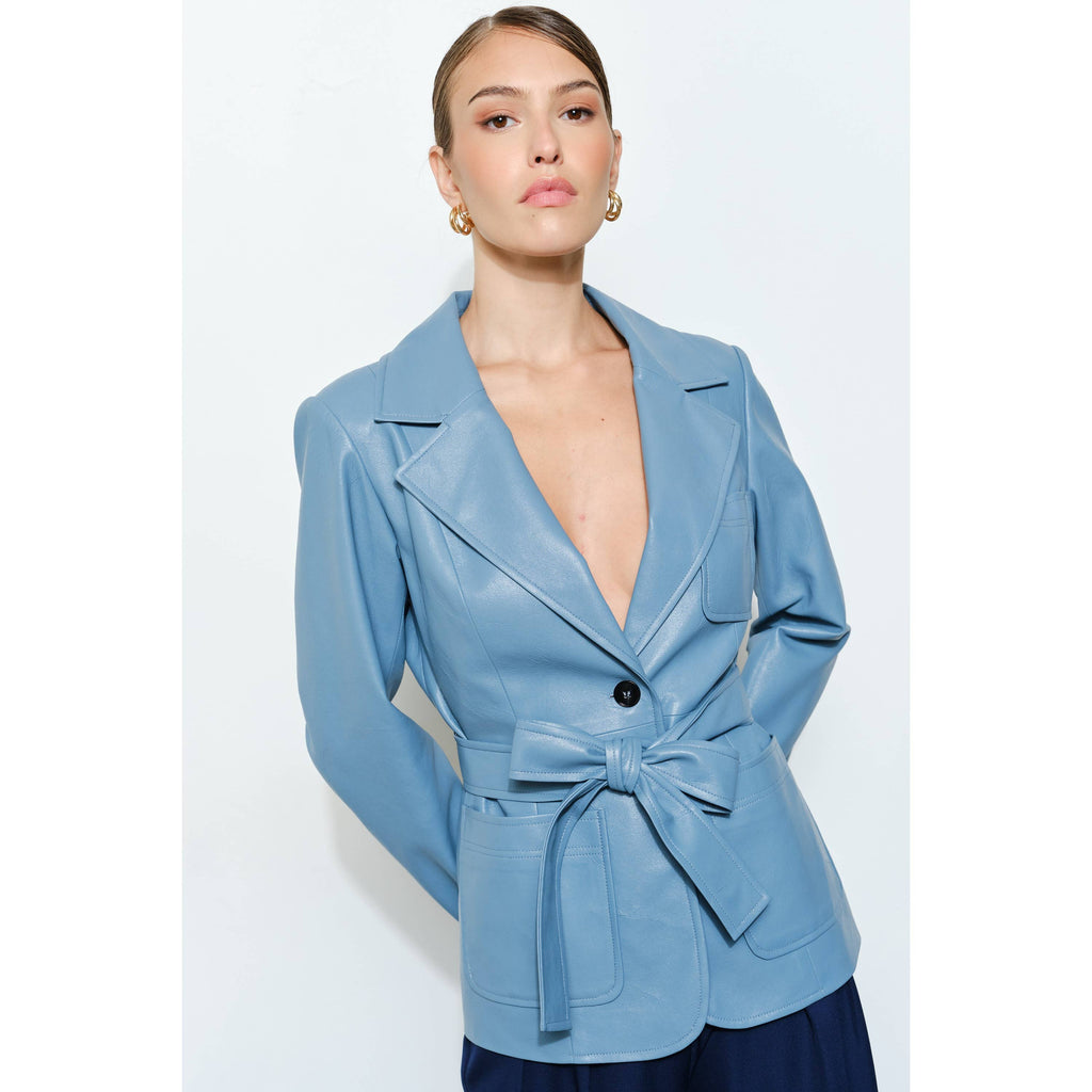Claudia Faux Leather Belted Blazer in Cornflower Blue