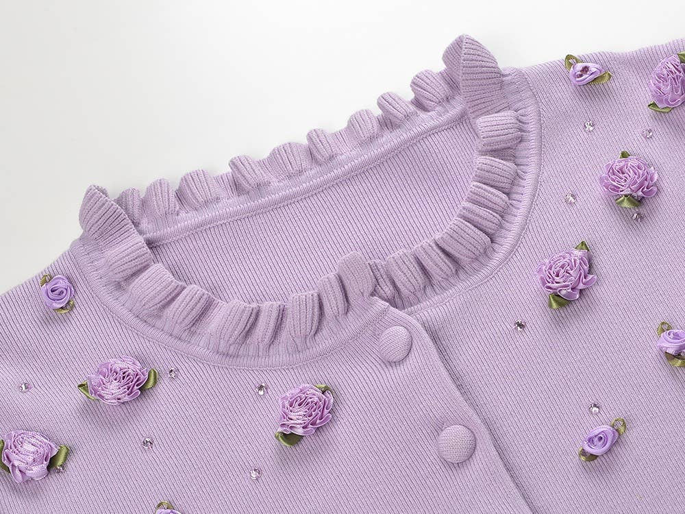 The Arabella Rosette Dress Purple Knit Cardigan & Rhinestone Suspender Dress