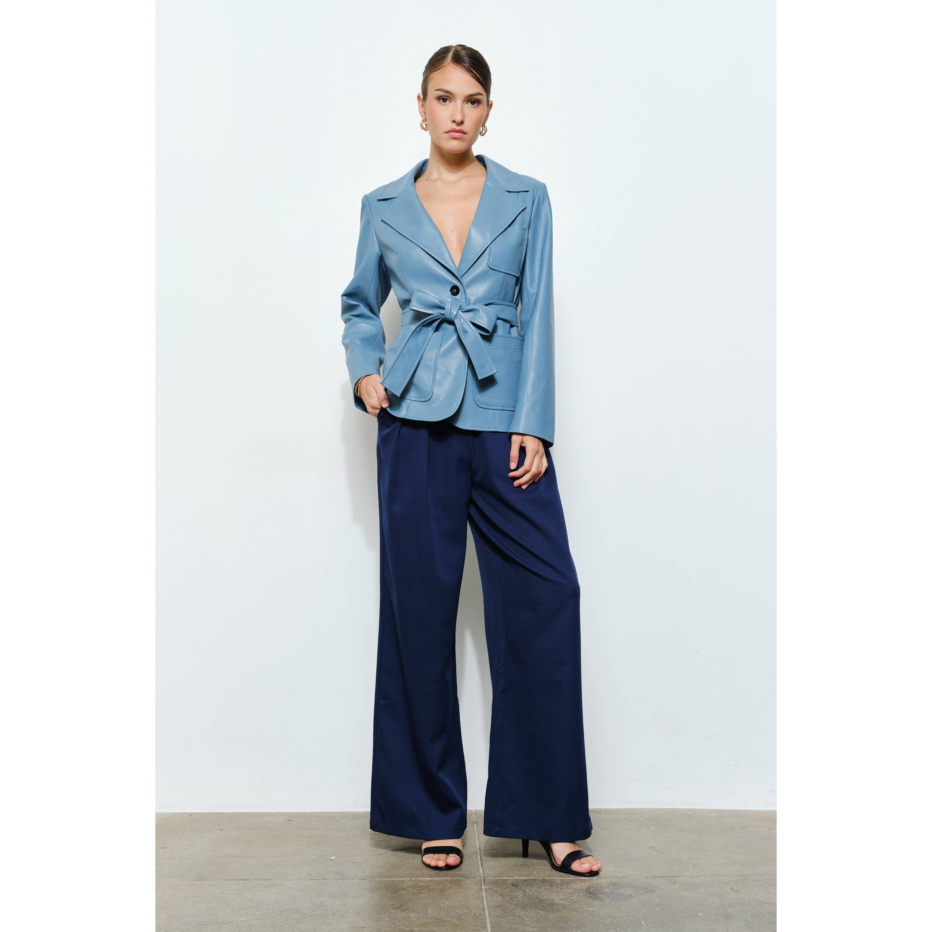 Claudia Faux Leather Belted Blazer in Cornflower Blue
