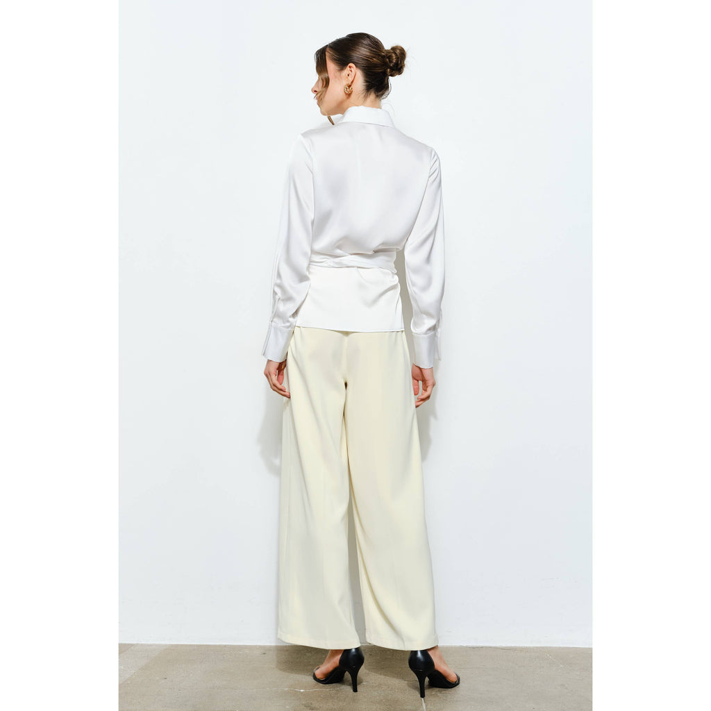 Juliette Long Sleeve Satin Wrap Waist Blouse