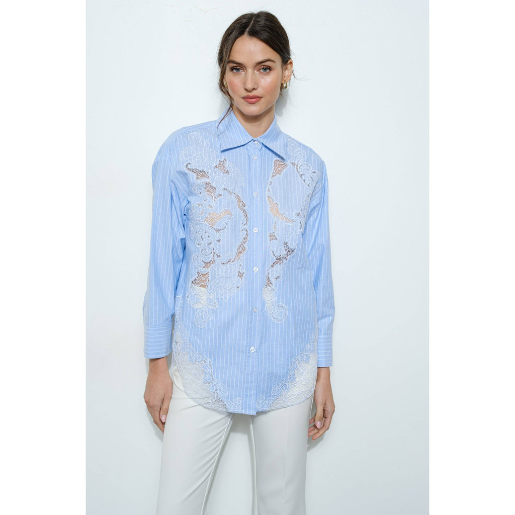Cotton Stripe Shirt with Lace Applique