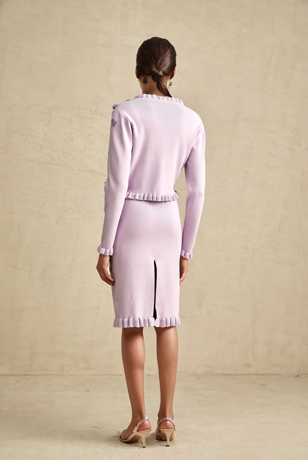The Arabella Rosette Dress Purple Knit Cardigan & Rhinestone Suspender Dress