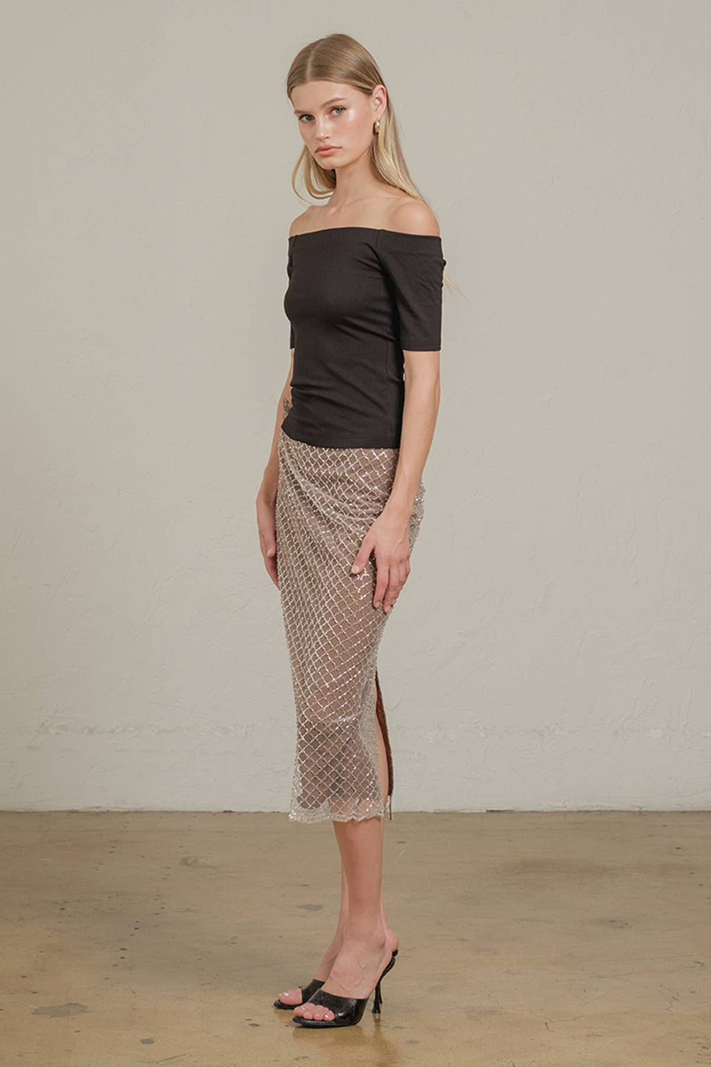 Vivica Beaded Mesh Midi Skirt