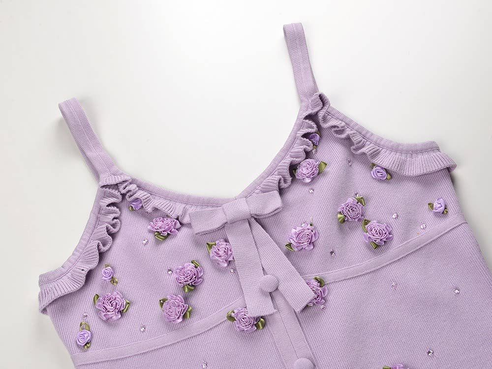 The Arabella Rosette Dress Purple Knit Cardigan & Rhinestone Suspender Dress