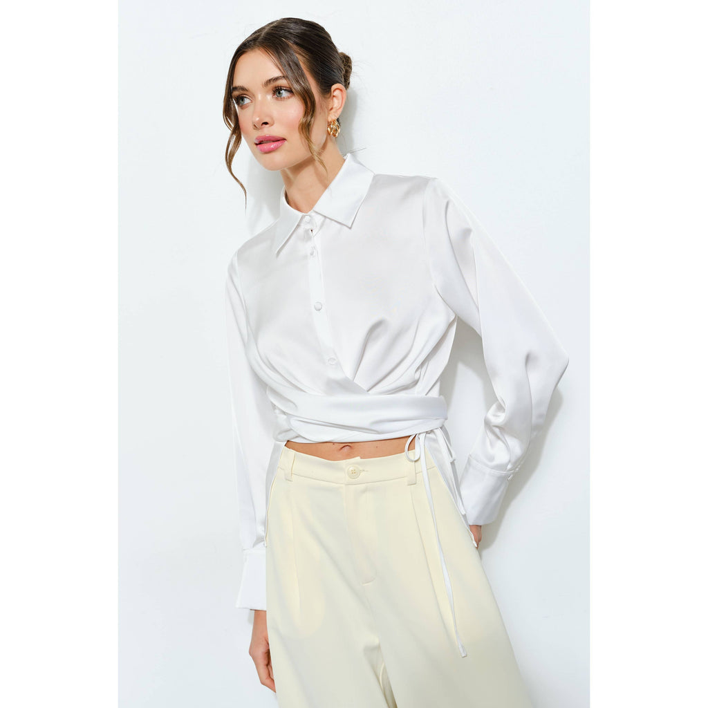 Juliette Long Sleeve Satin Wrap Waist Blouse