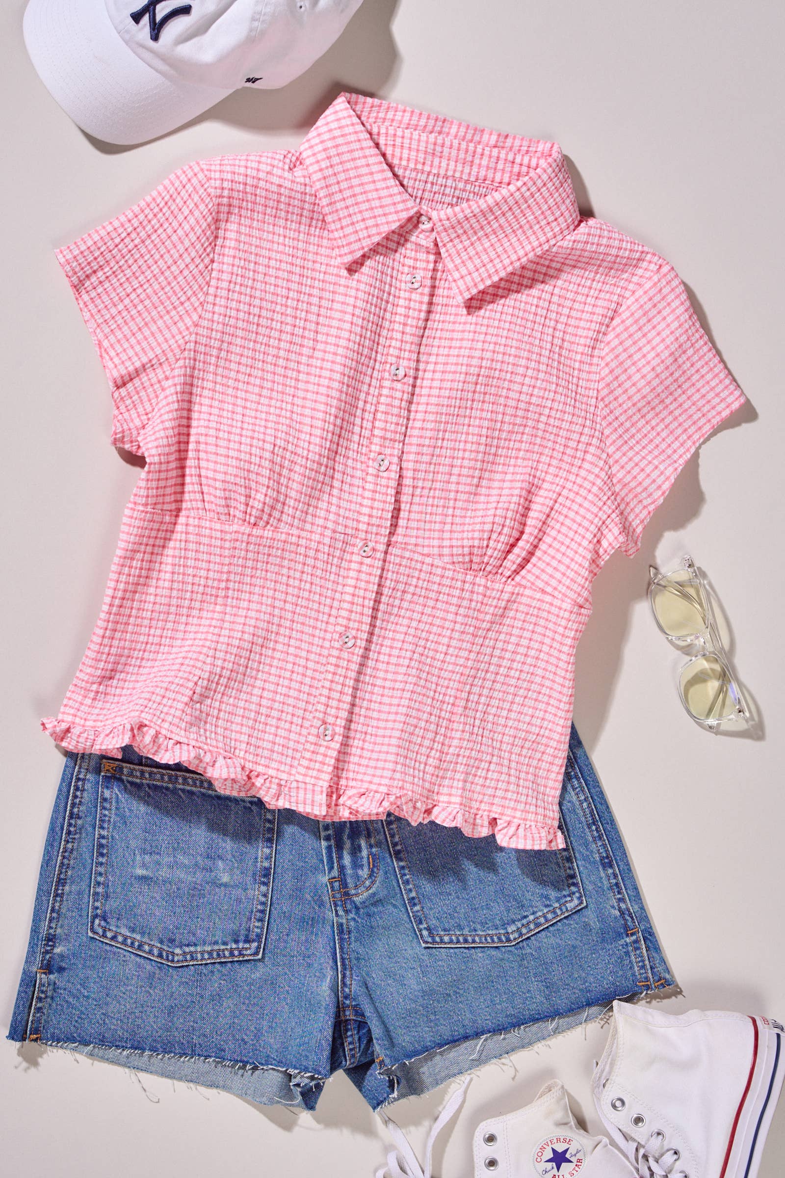 Elara Crinkle Gingham Short Sleeve Peplum Blouse