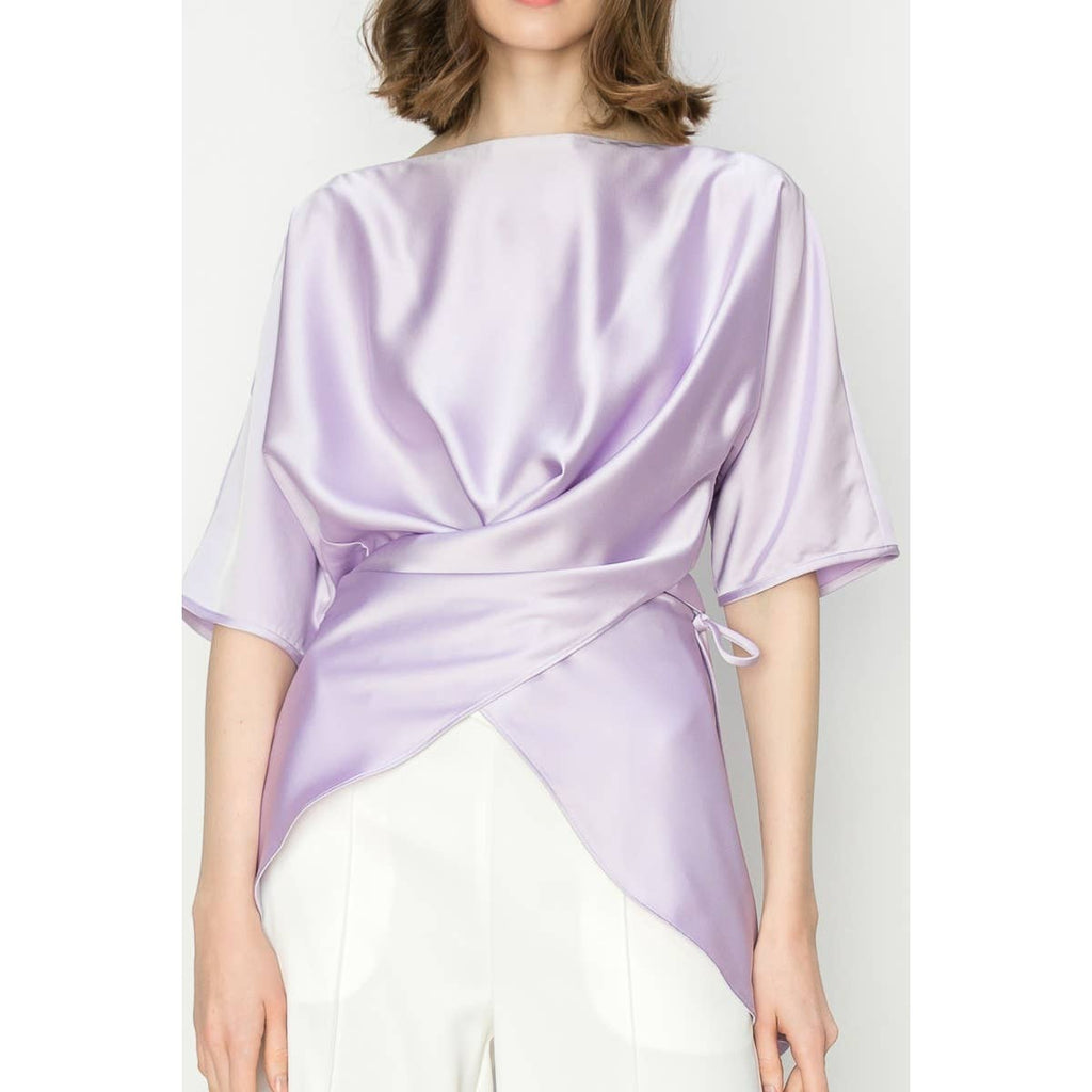 Maeve Satin Short Sleeve Side Wraptie Blouse