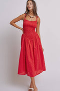 Polka Dot Smocked Cotton Midi Dress With Tie Straps