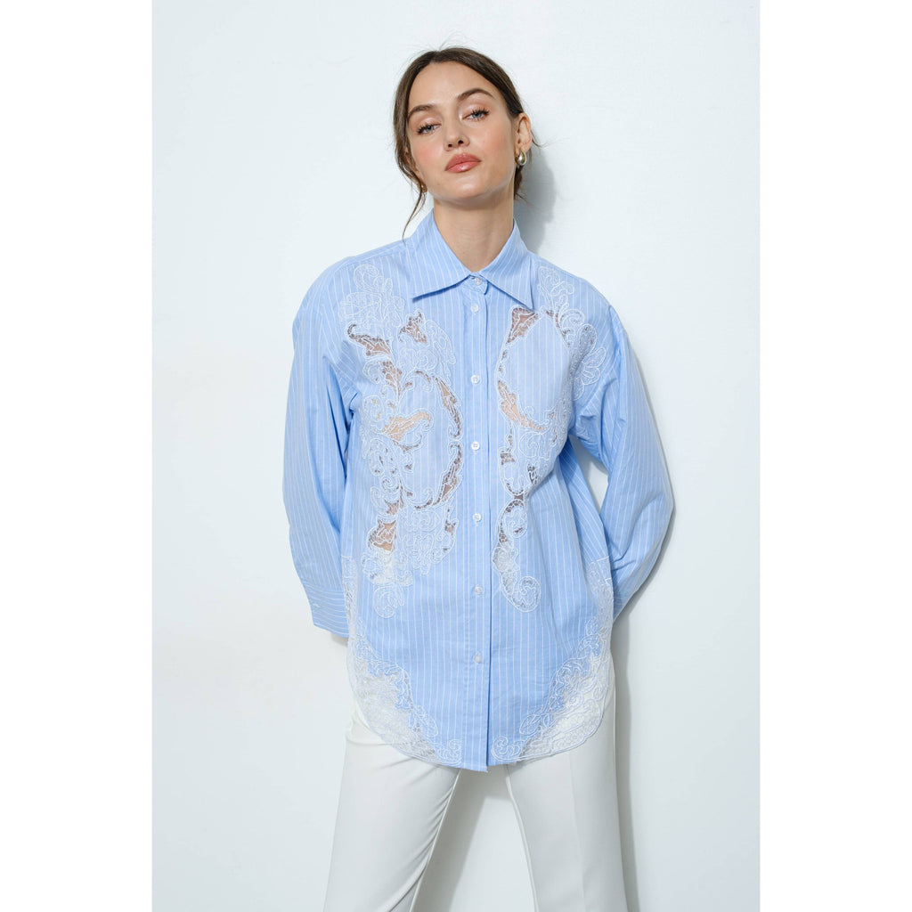 Cotton Stripe Shirt with Lace Applique