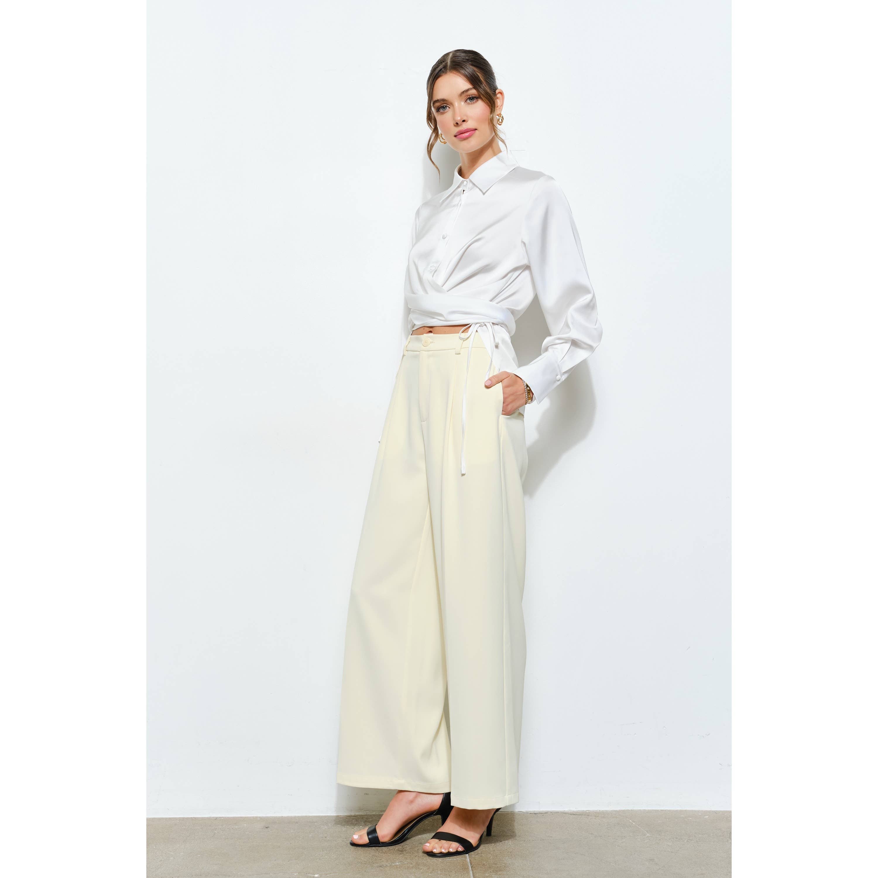 Juliette Long Sleeve Satin Wrap Waist Blouse