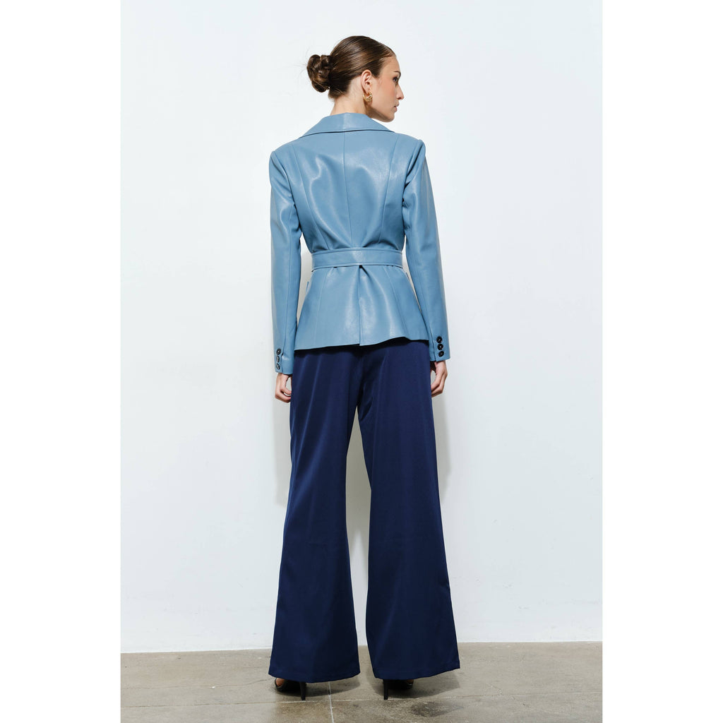 Claudia Faux Leather Belted Blazer in Cornflower Blue