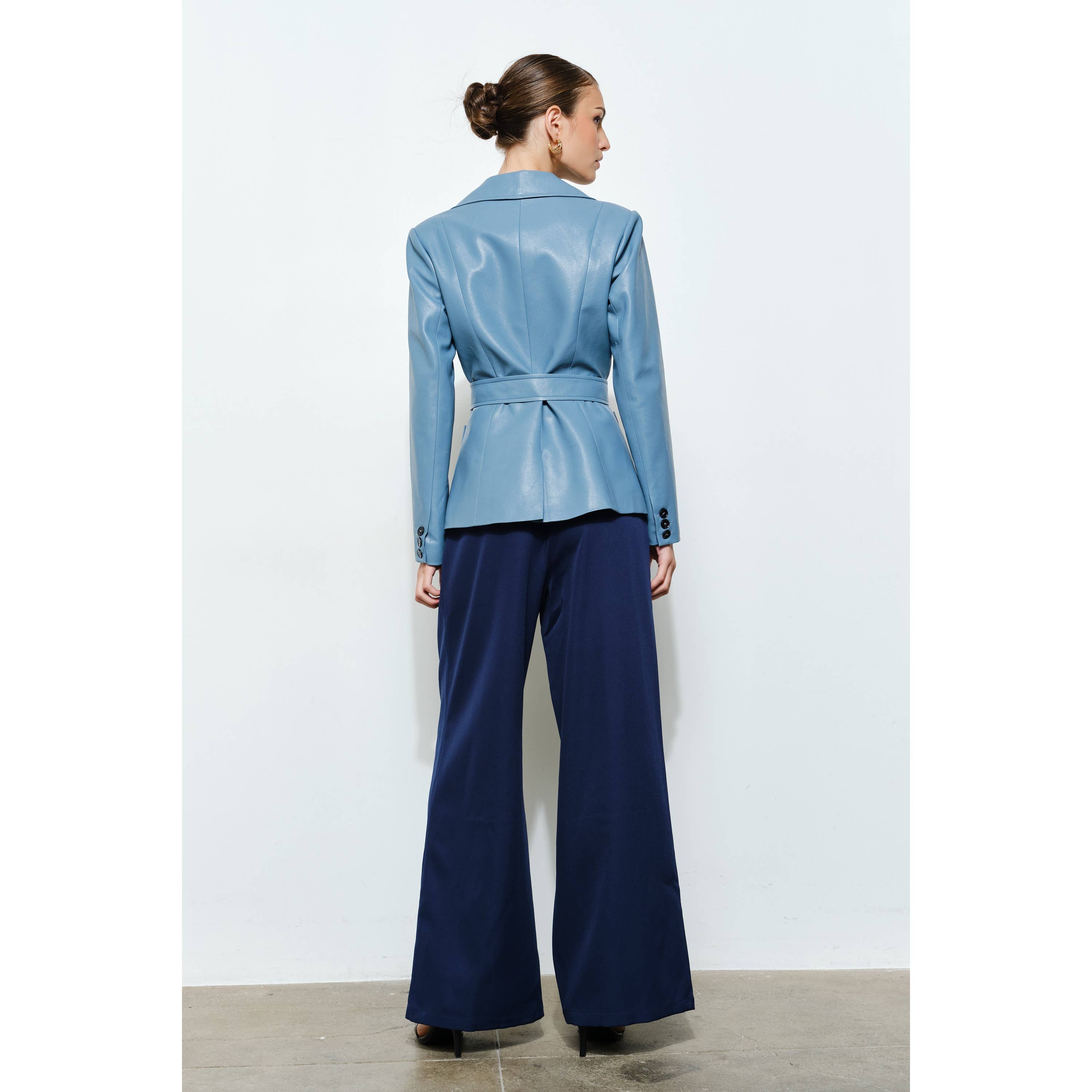 Claudia Faux Leather Belted Blazer in Cornflower Blue