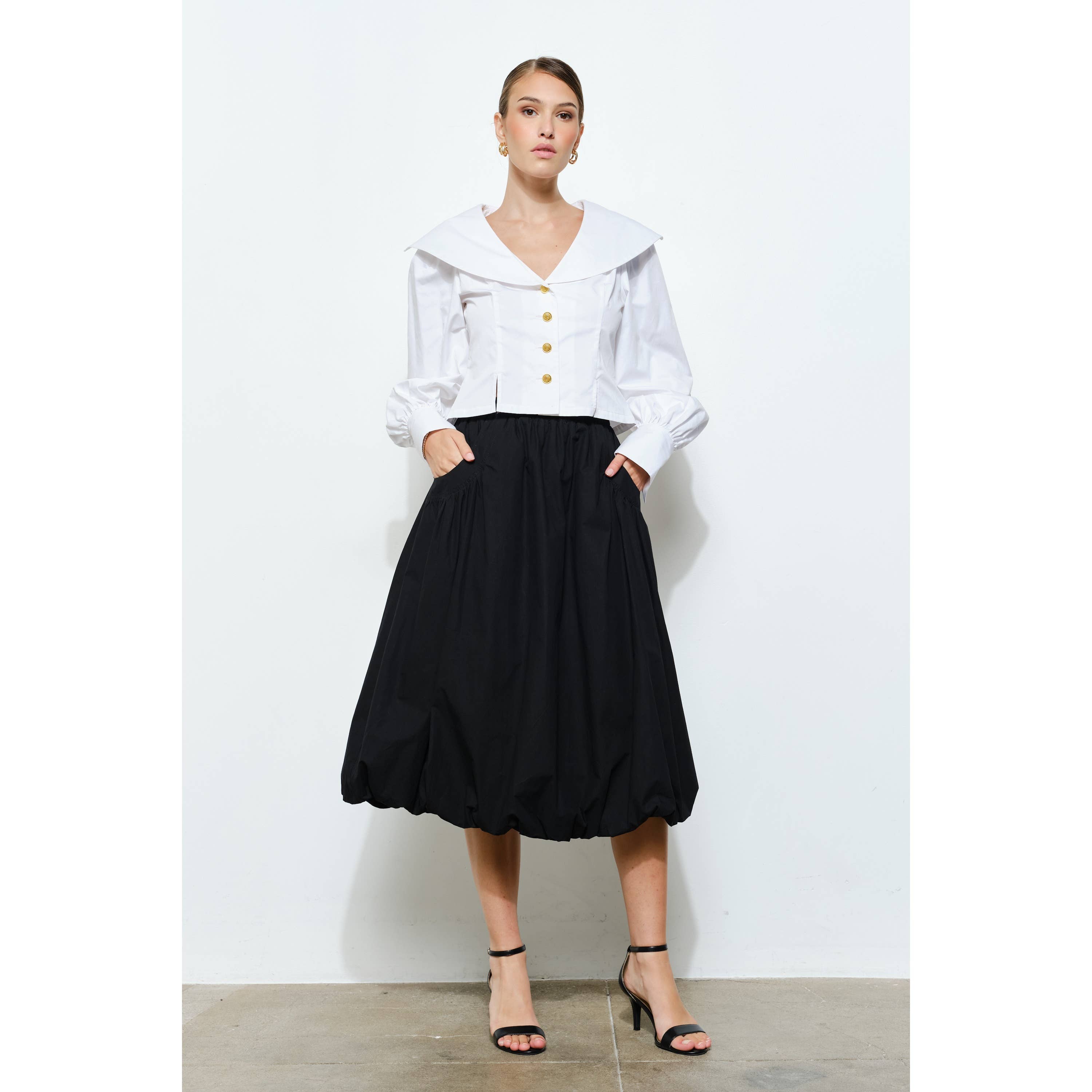 Margot Sailor Collar Gold Buttons Puff Sleeve Blouse