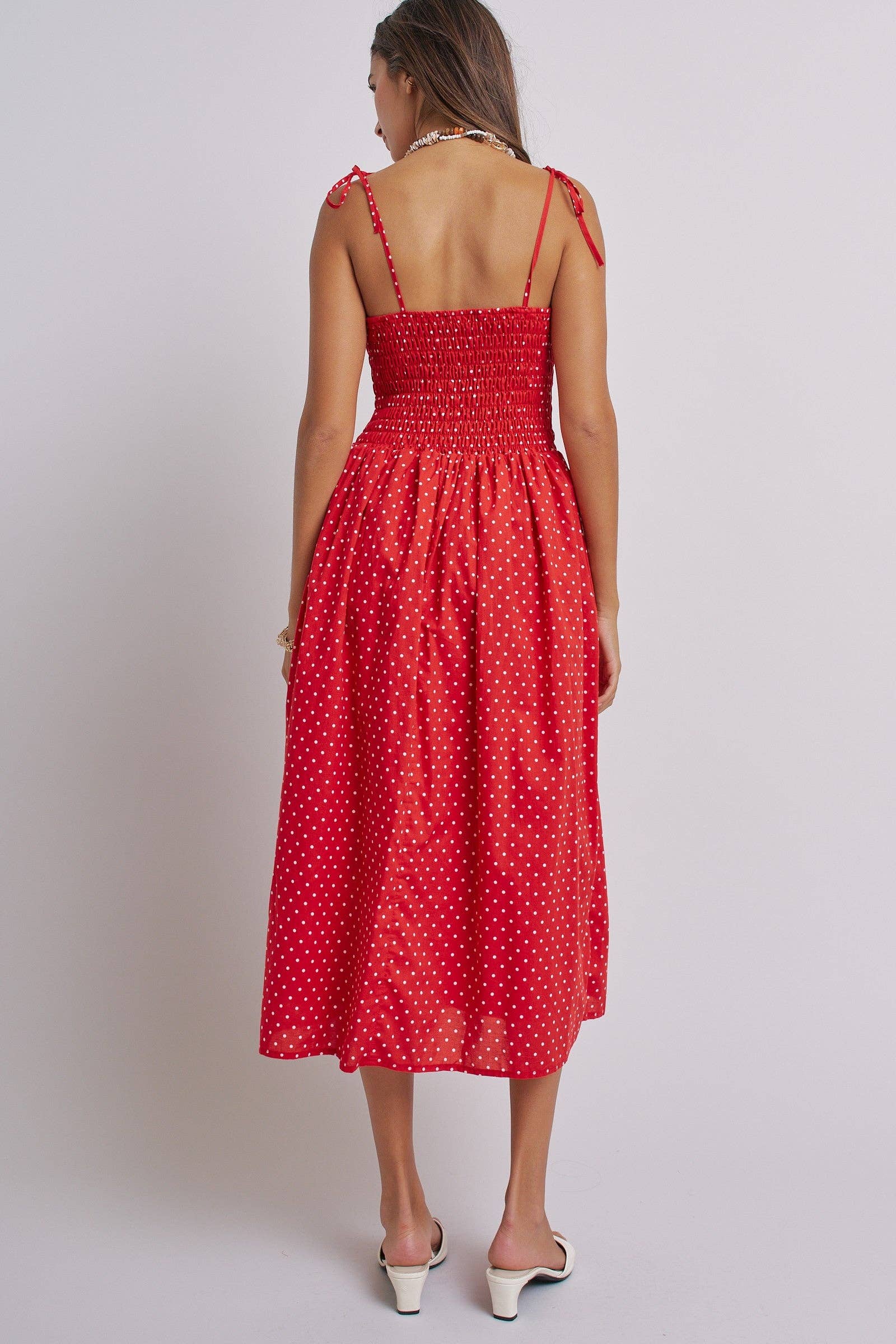 Polka Dot Smocked Cotton Midi Dress With Tie Straps