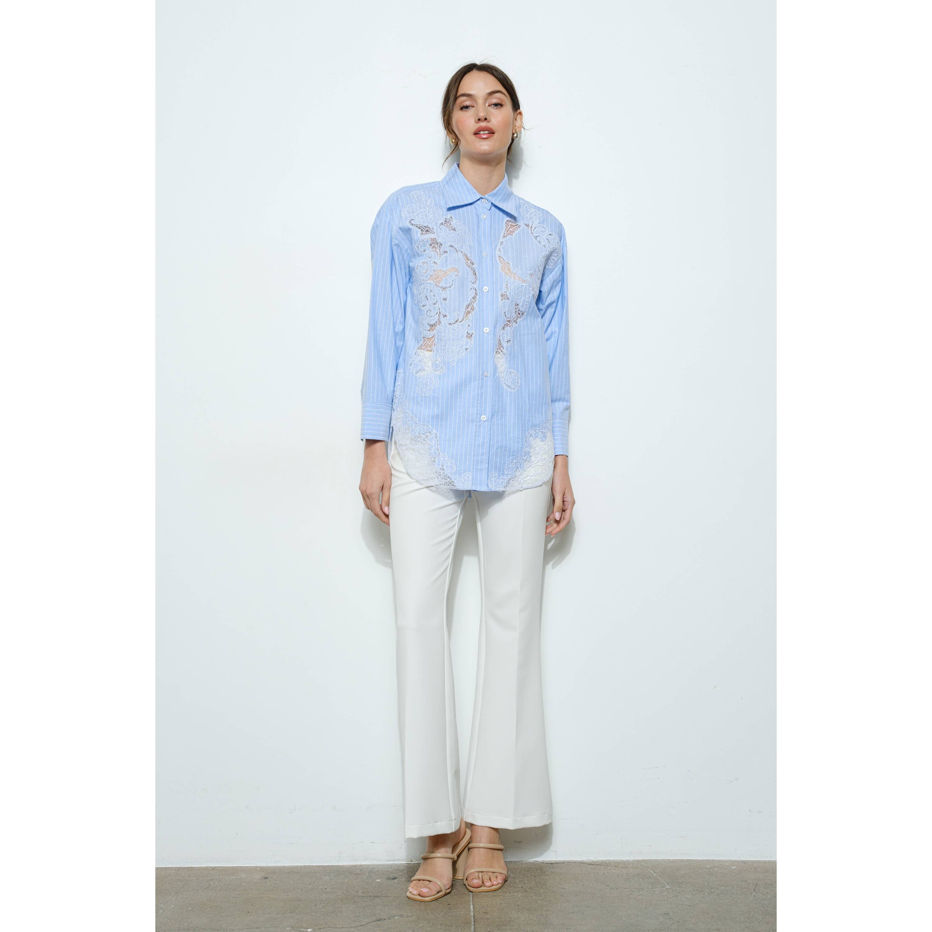 Cotton Stripe Shirt with Lace Applique