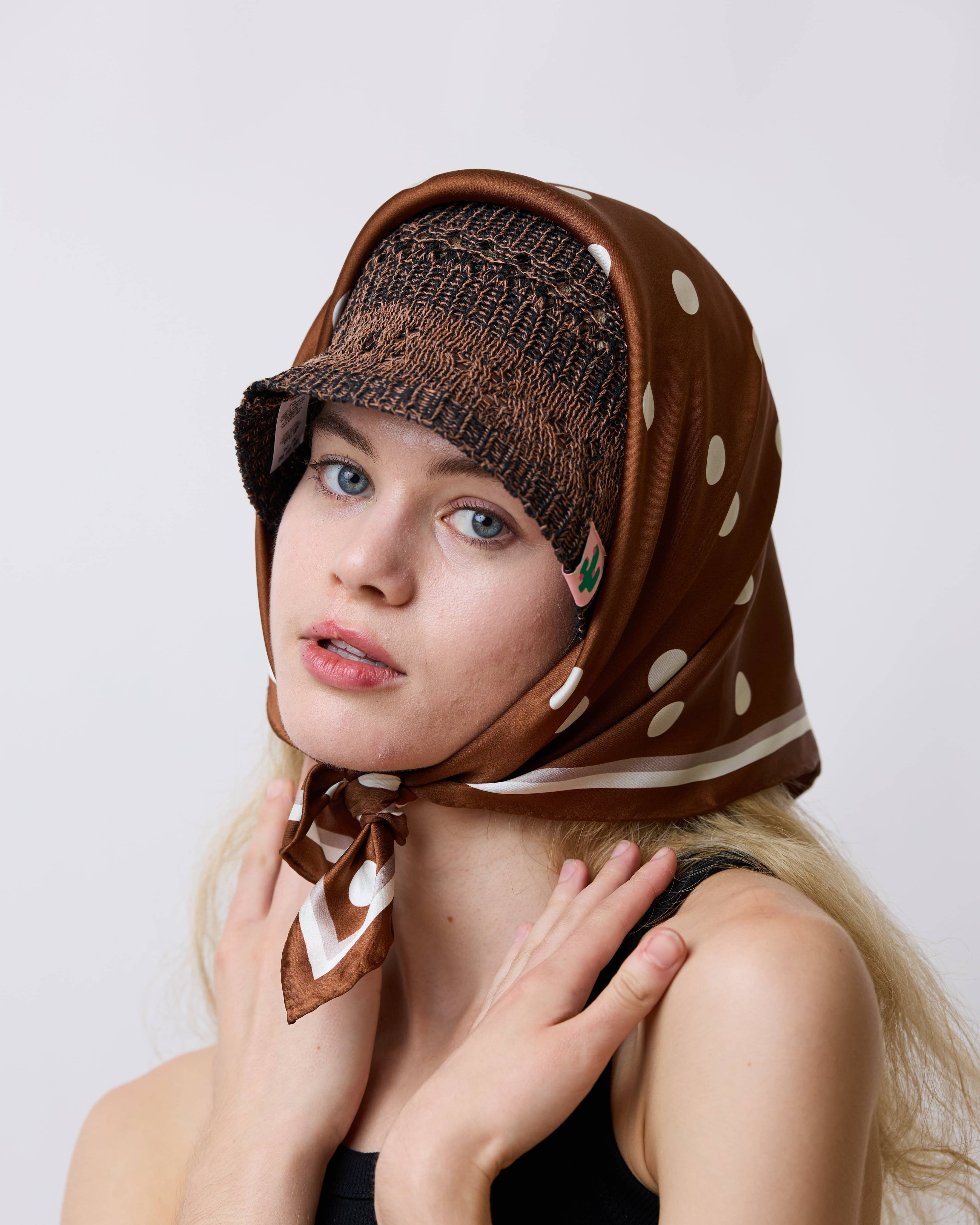 "Retro Polka" Silk Bandana Scarf - Cafe Au Lait