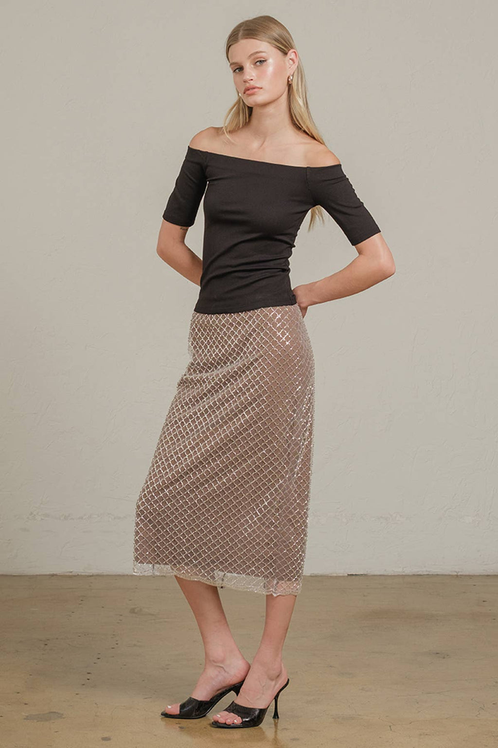 Vivica Beaded Mesh Midi Skirt