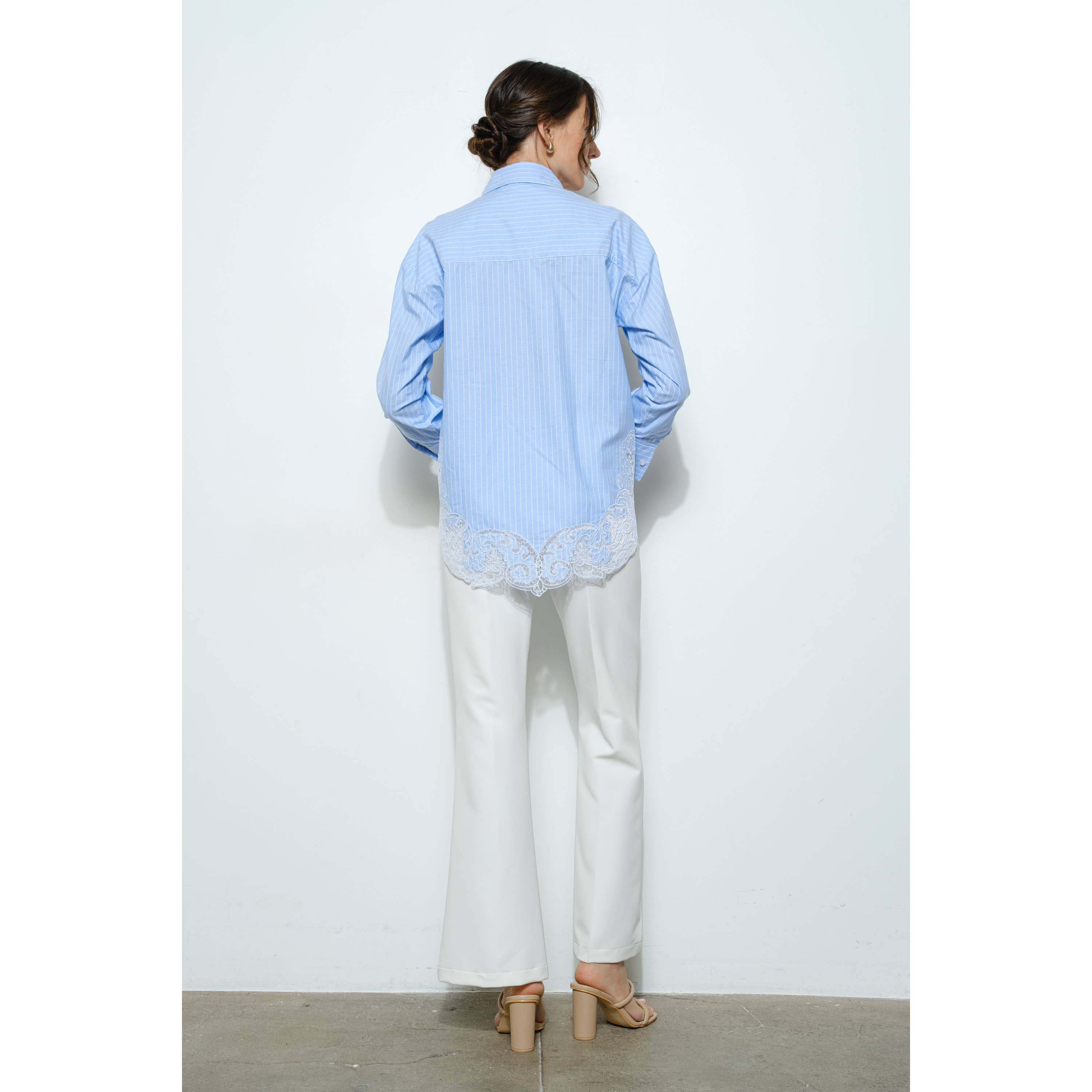 Cotton Stripe Shirt with Lace Applique