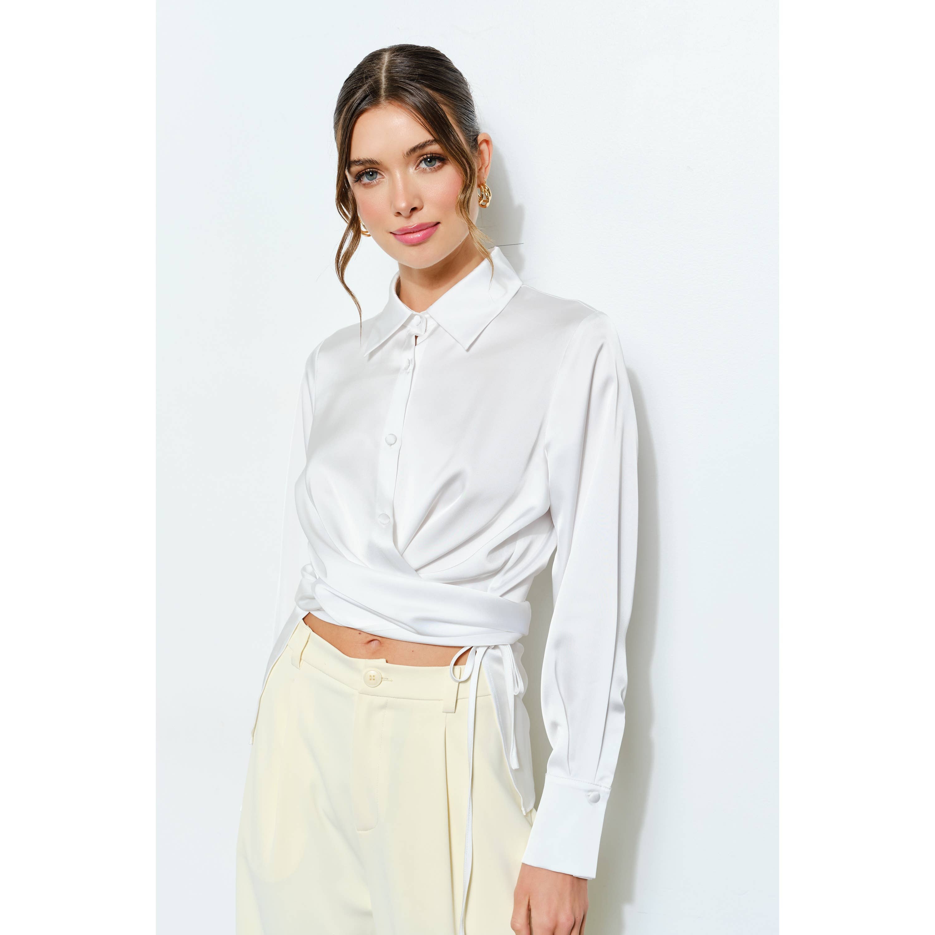 Juliette Long Sleeve Satin Wrap Waist Blouse