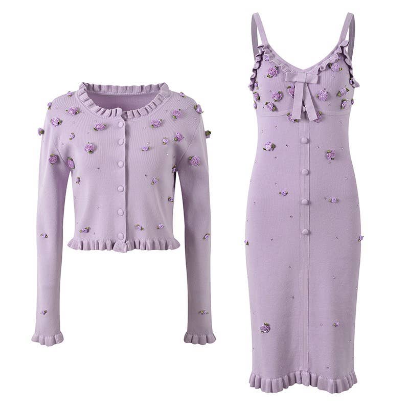 The Arabella Rosette Dress Purple Knit Cardigan & Rhinestone Suspender Dress