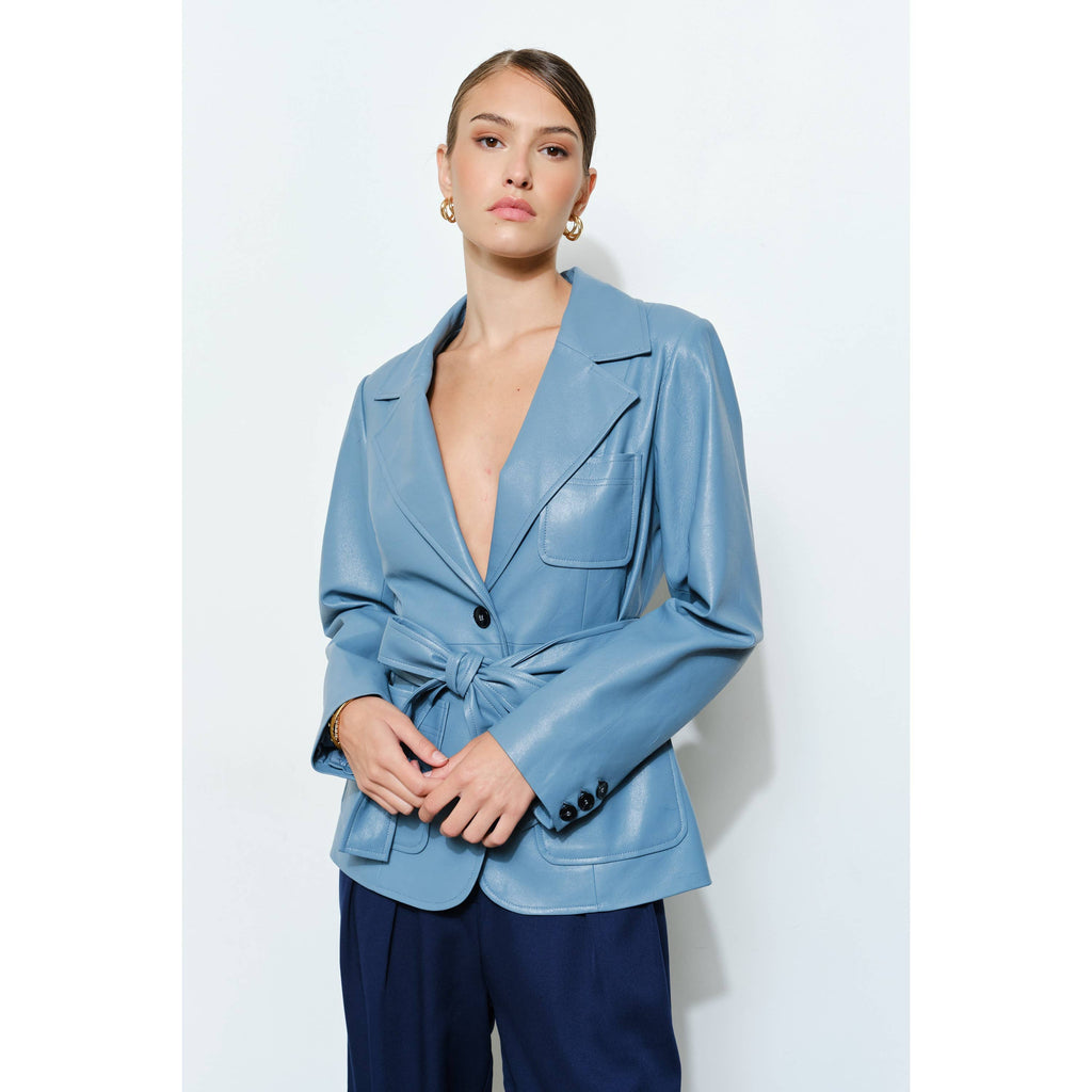 Claudia Faux Leather Belted Blazer in Cornflower Blue