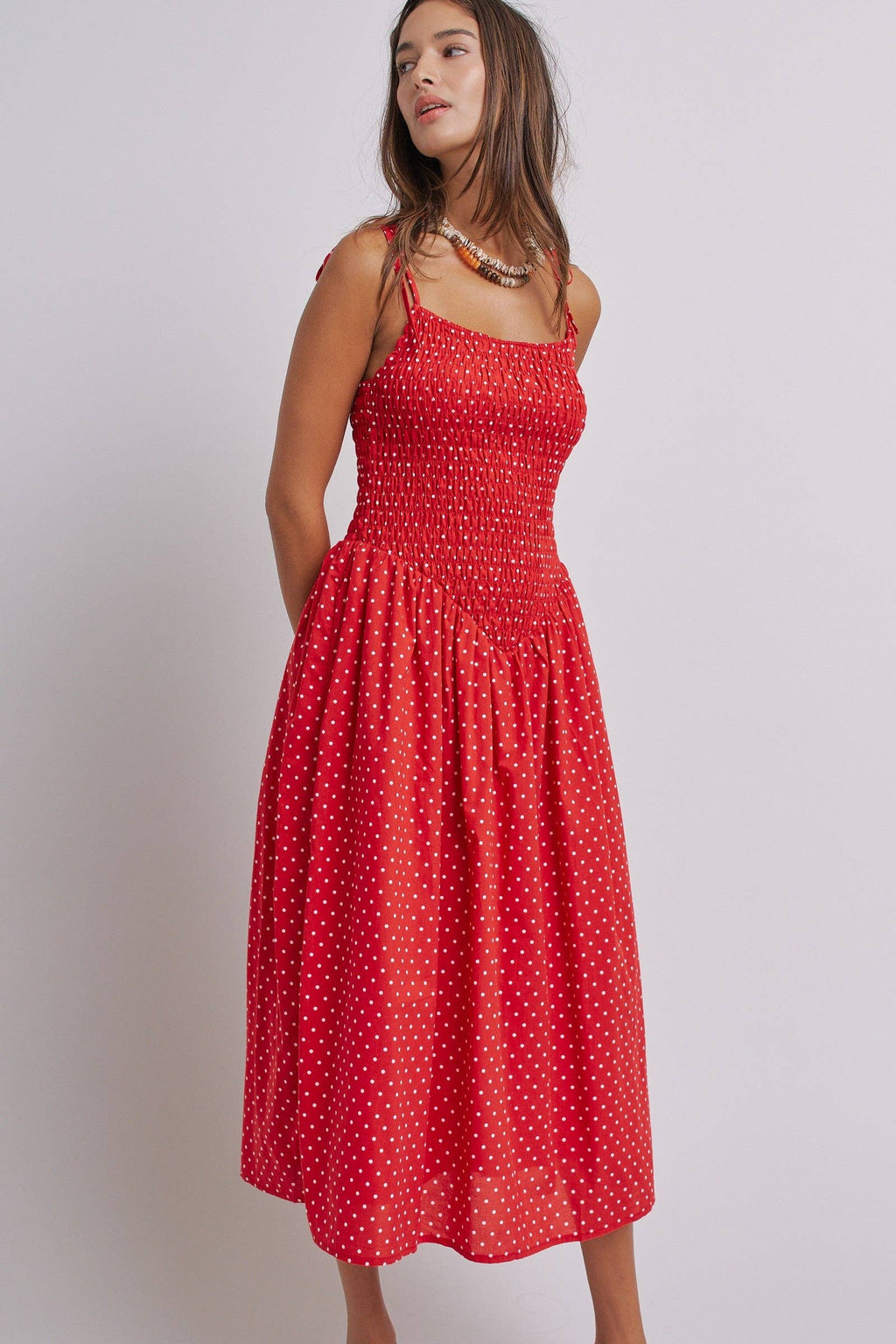 Polka Dot Smocked Cotton Midi Dress With Tie Straps