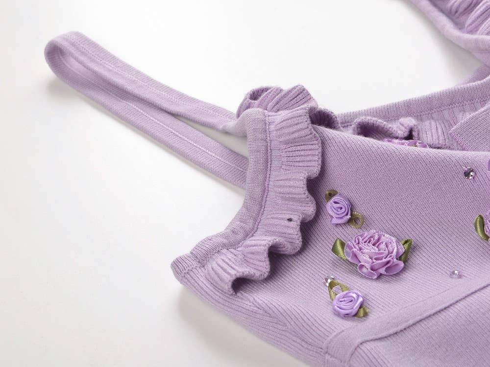 The Arabella Rosette Dress Purple Knit Cardigan & Rhinestone Suspender Dress