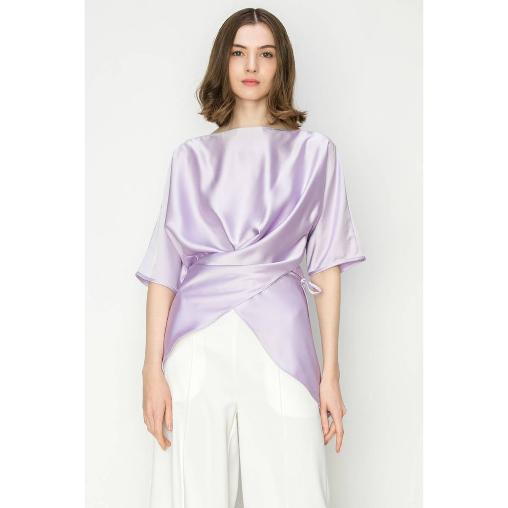 Maeve Satin Short Sleeve Side Wraptie Blouse