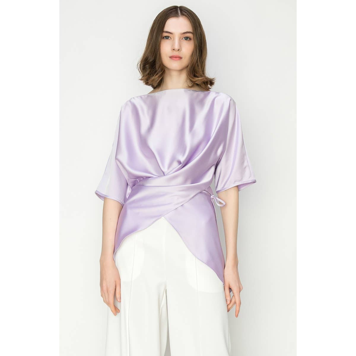 Maeve Satin Short Sleeve Side Wraptie Blouse
