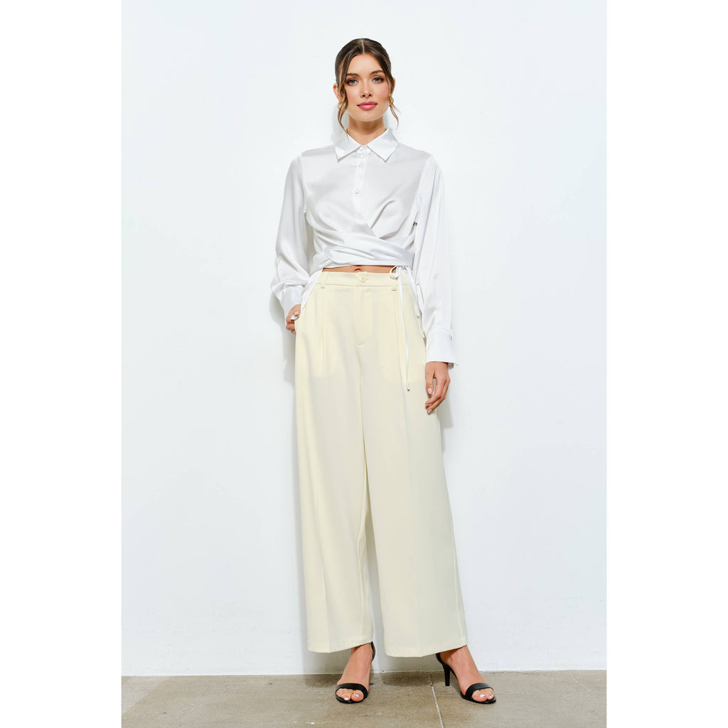Juliette Long Sleeve Satin Wrap Waist Blouse