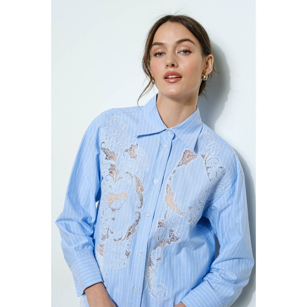 Cotton Stripe Shirt with Lace Applique