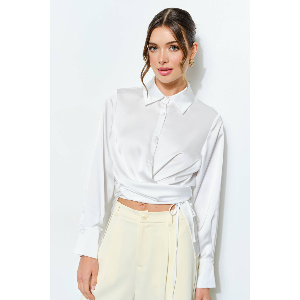 Juliette Long Sleeve Satin Wrap Waist Blouse