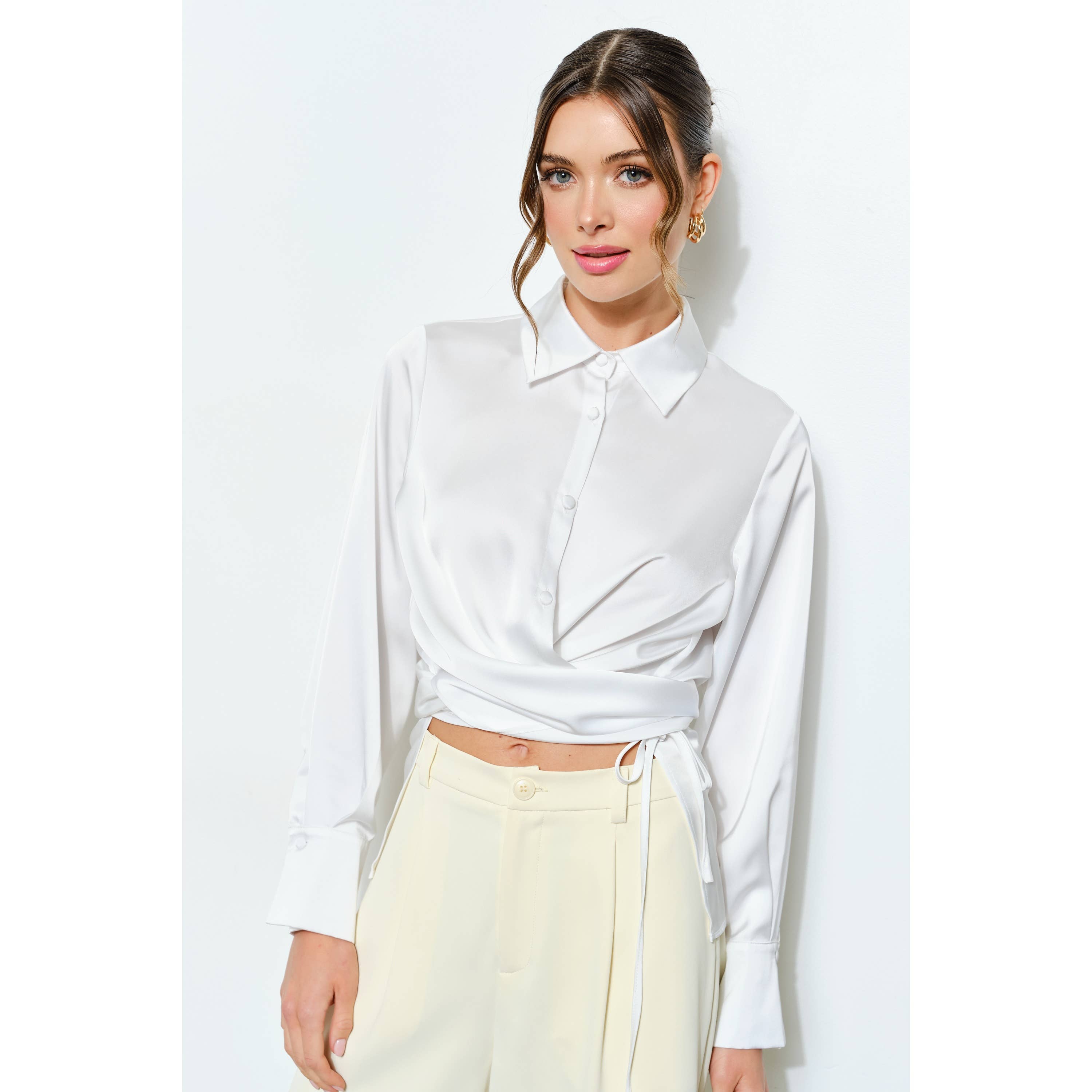 Juliette Long Sleeve Satin Wrap Waist Blouse