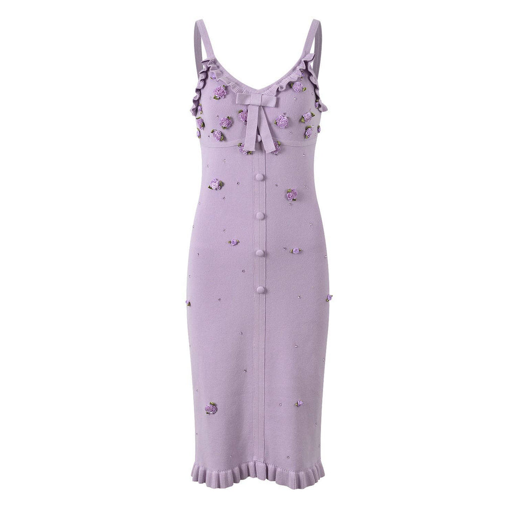 The Arabella Rosette Dress Purple Knit Cardigan & Rhinestone Suspender Dress