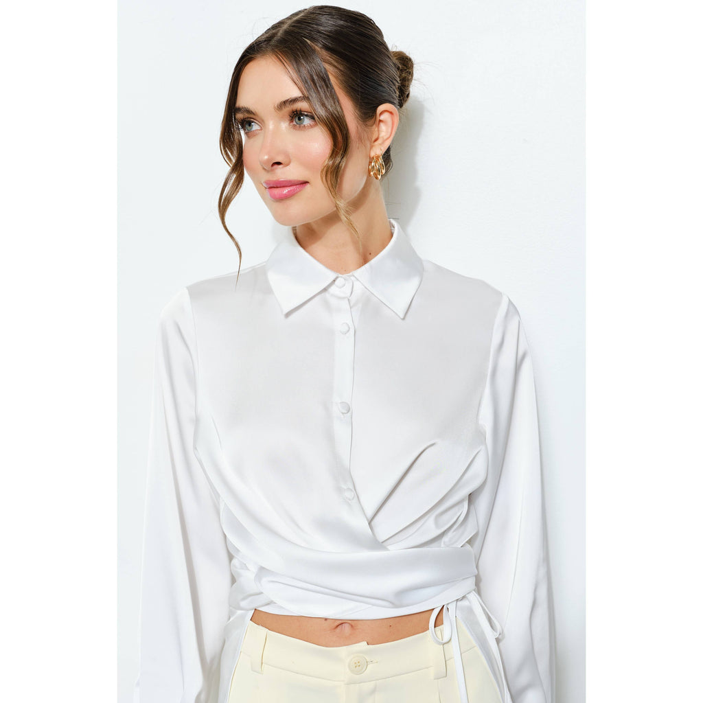 Juliette Long Sleeve Satin Wrap Waist Blouse