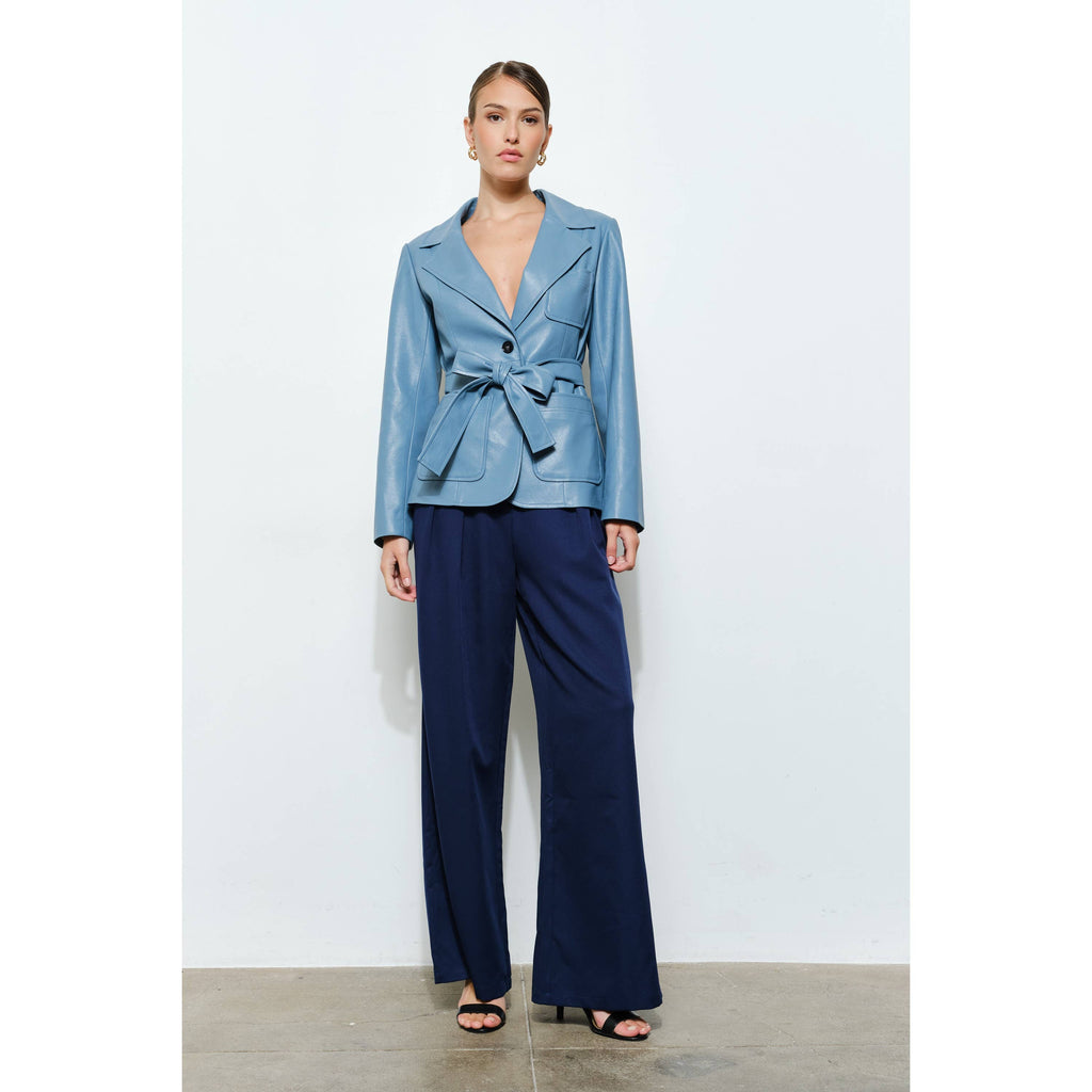Claudia Faux Leather Belted Blazer in Cornflower Blue