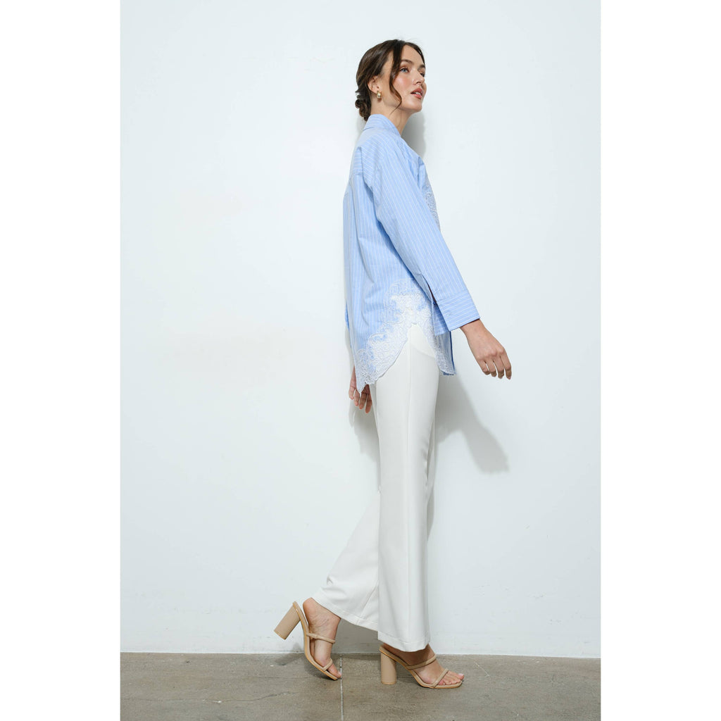 Cotton Stripe Shirt with Lace Applique