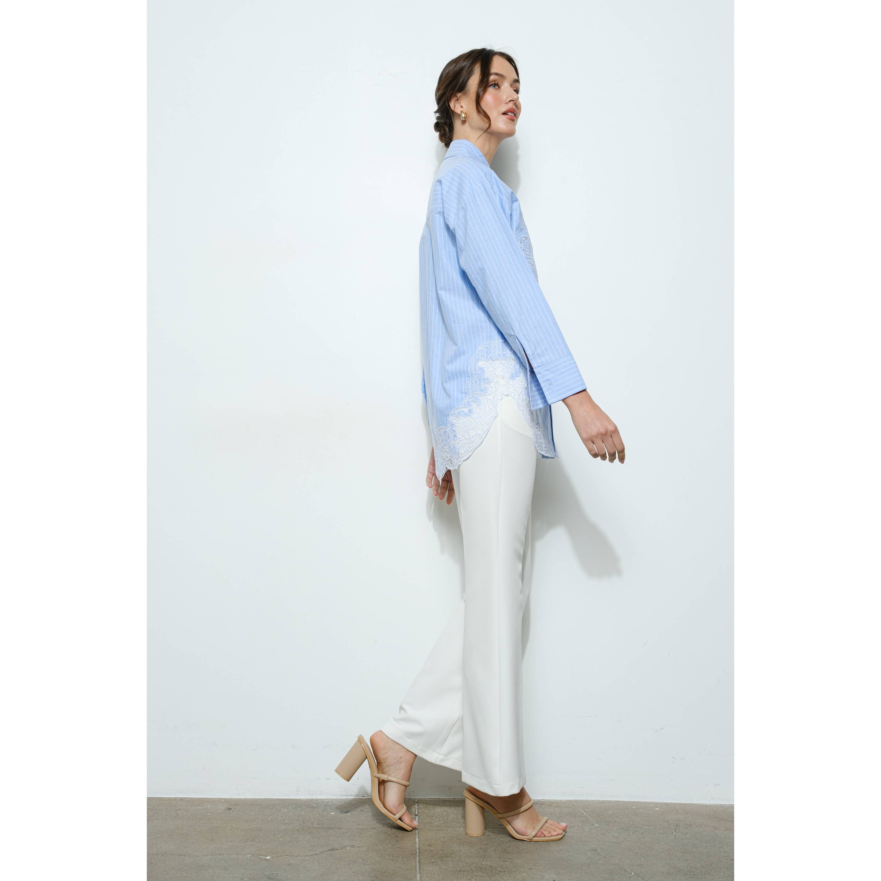 Cotton Stripe Shirt with Lace Applique