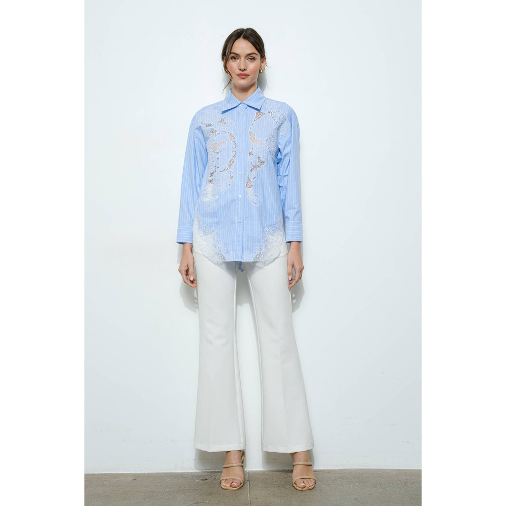 Cotton Stripe Shirt with Lace Applique
