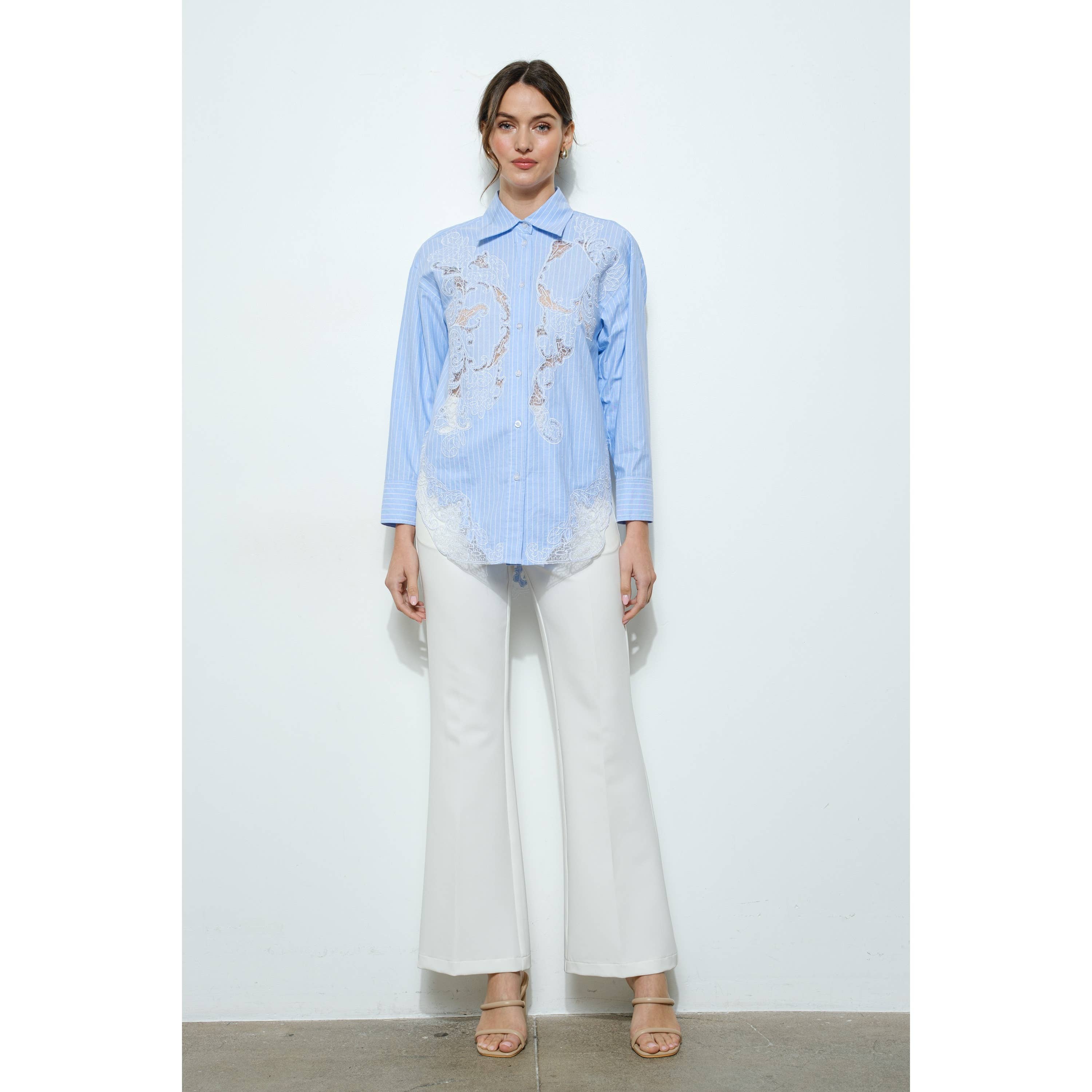 Cotton Stripe Shirt with Lace Applique