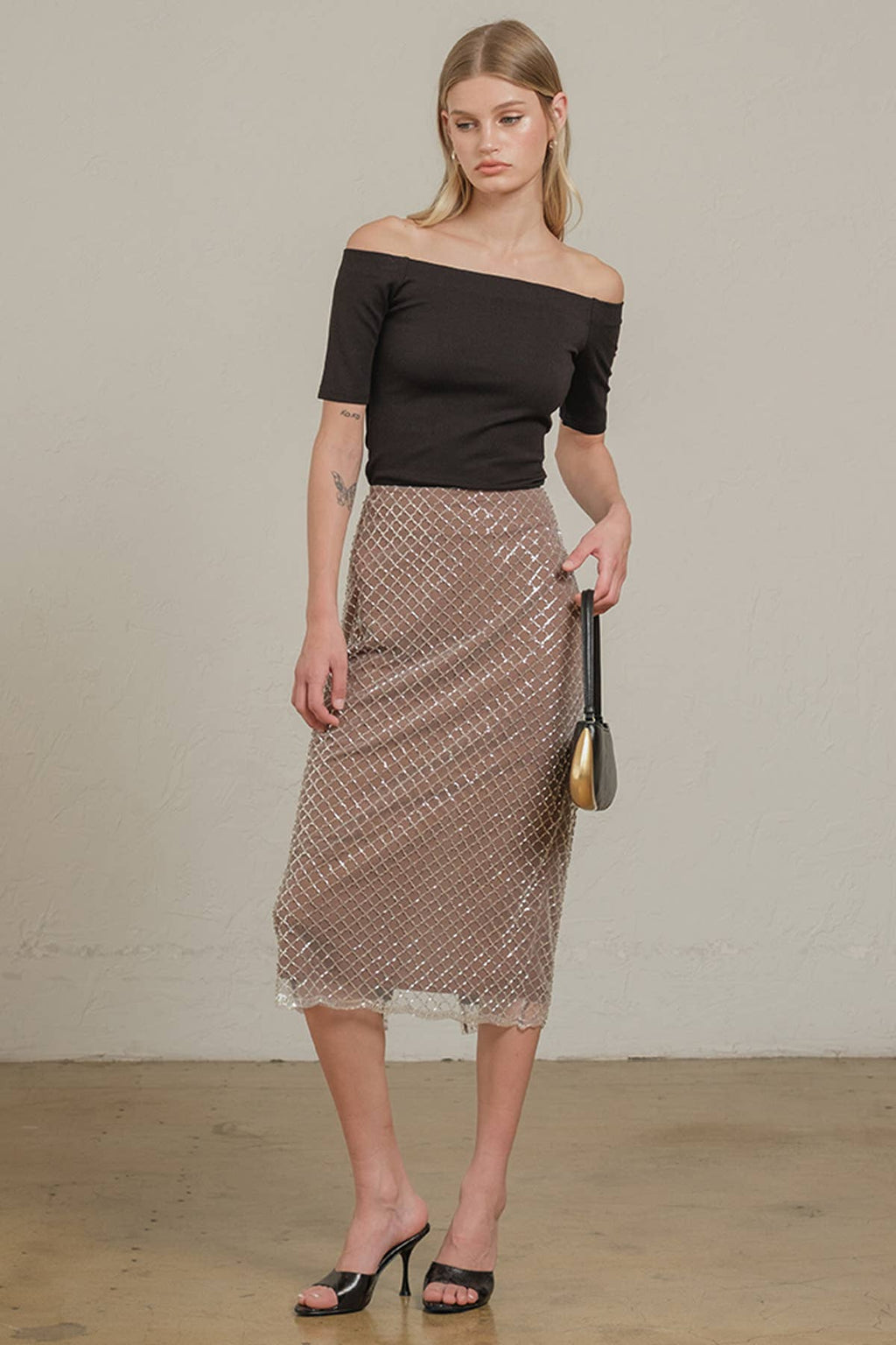Vivica Beaded Mesh Midi Skirt