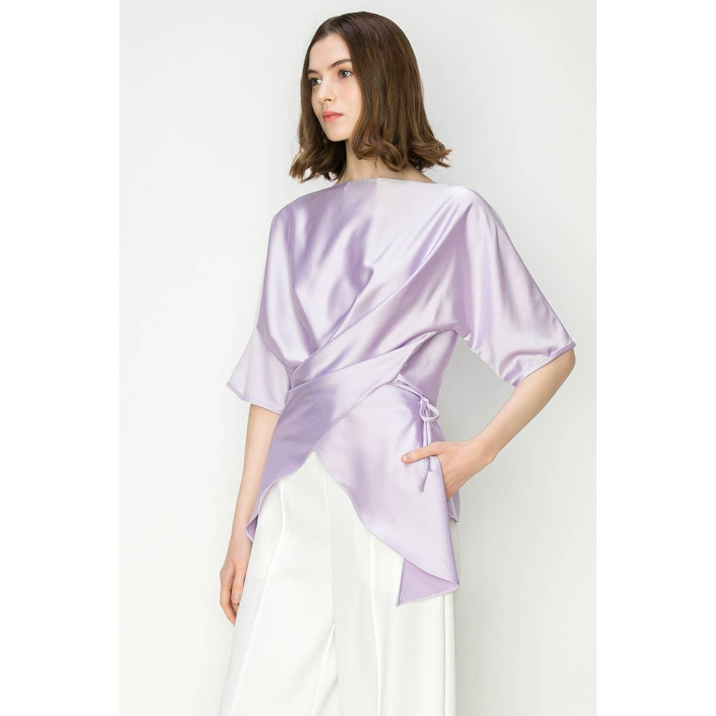 Maeve Satin Short Sleeve Side Wraptie Blouse