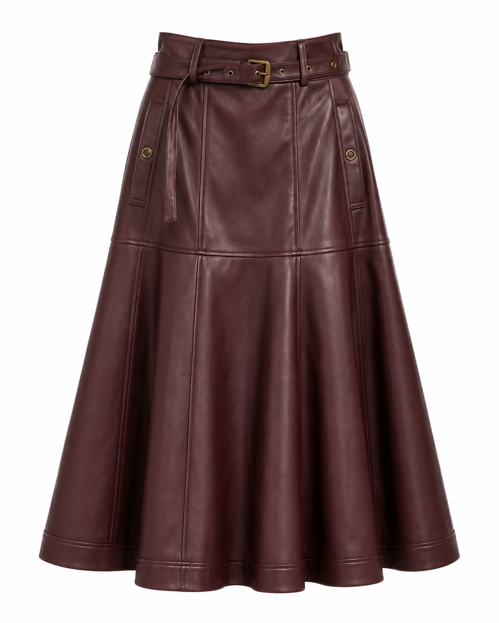 Elodie Belted Faux Leather Midi Skirt