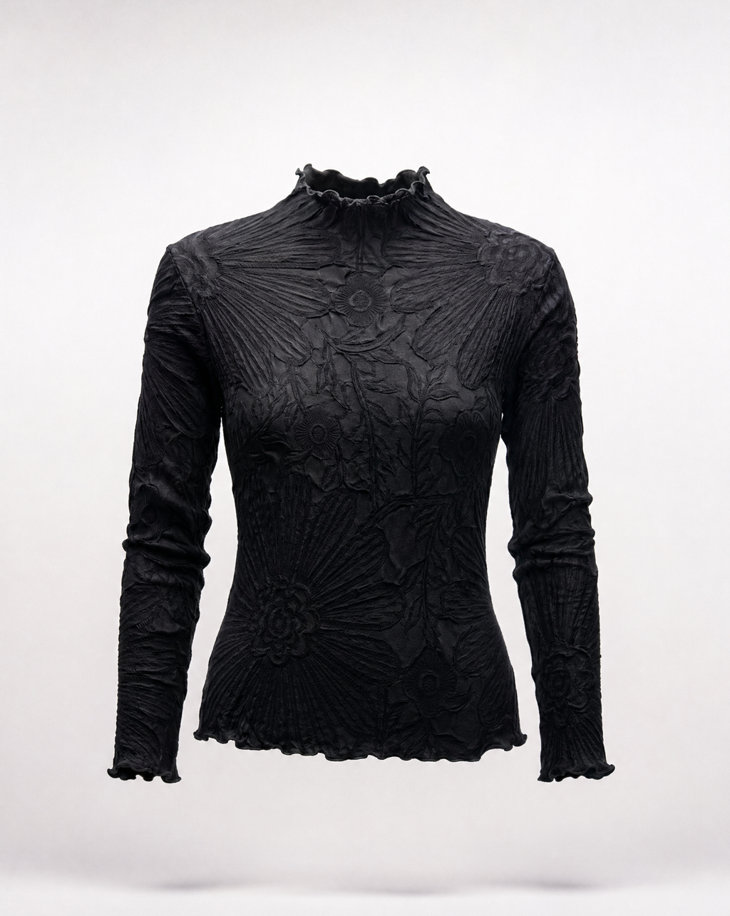 Kylie Lettuce Edge Floral Top Black Long Sleeve OS
