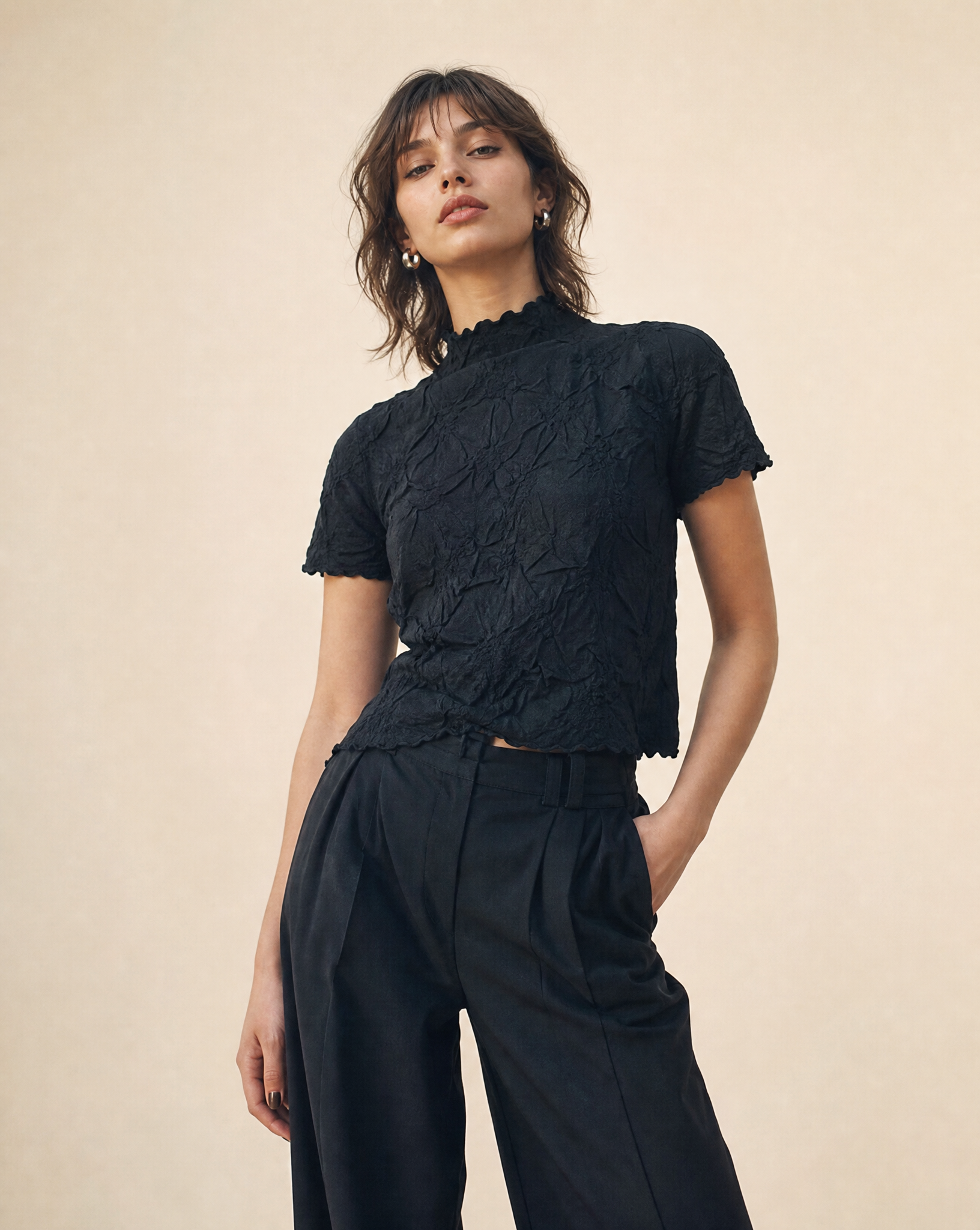 Samantha Chiffon Crunch Top, Short Sleeve Black OS