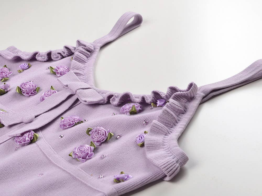 The Arabella Rosette Dress Purple Knit Cardigan & Rhinestone Suspender Dress