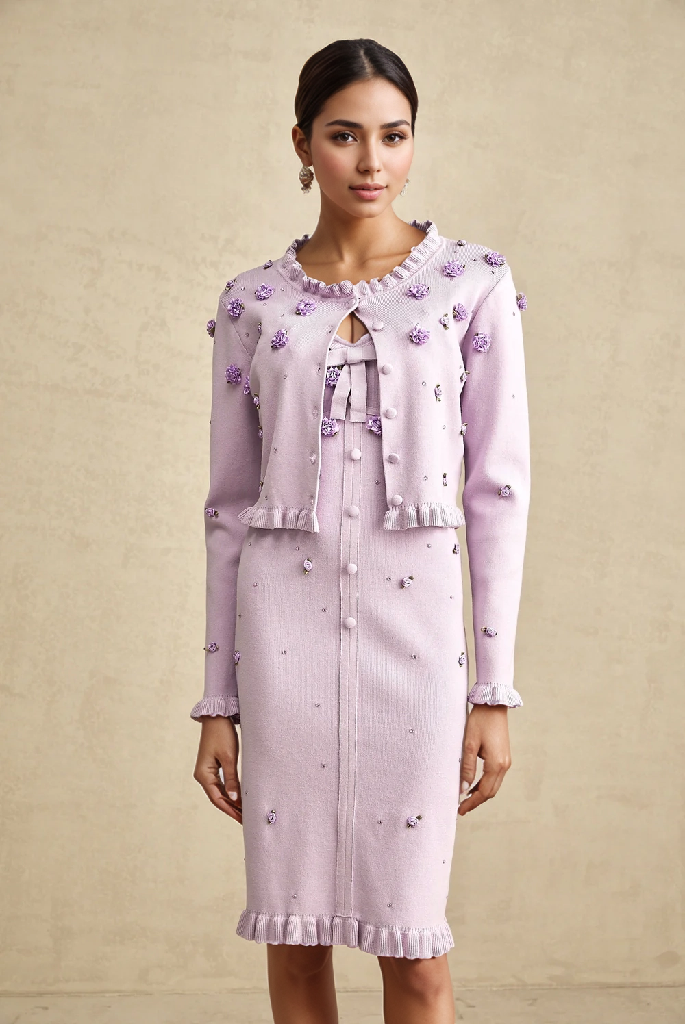 The Arabella Rosette Dress Purple Knit Cardigan & Rhinestone Suspender Dress