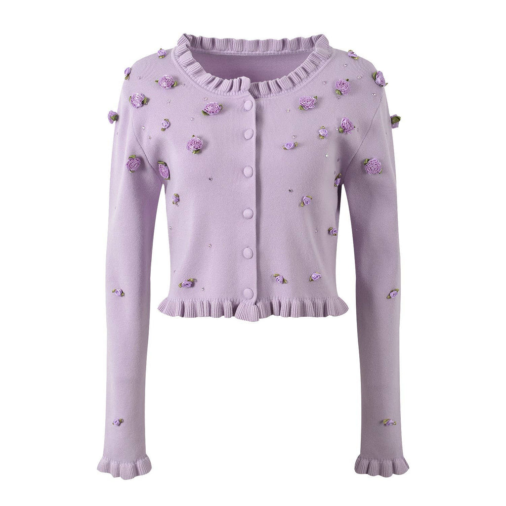 The Arabella Rosette Dress Purple Knit Cardigan & Rhinestone Suspender Dress