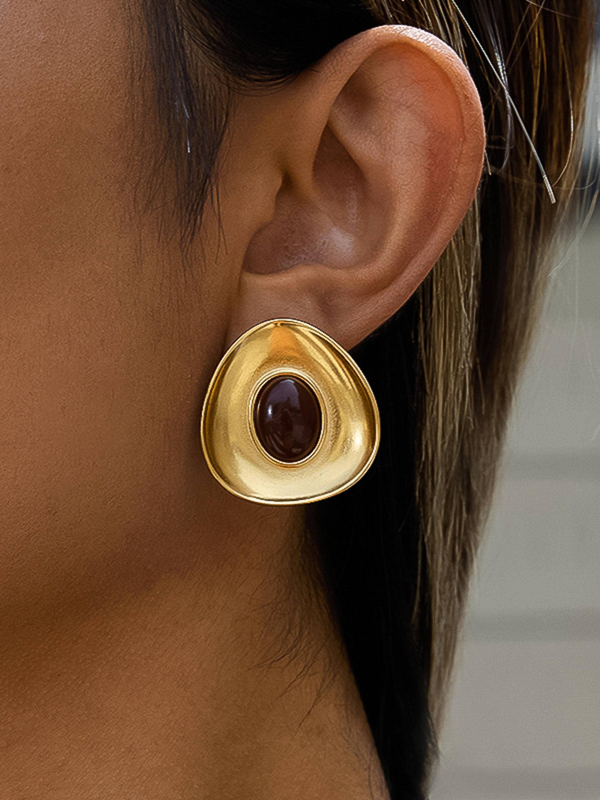 Vionnet 18K Gold Non-Tarnish Gemstone Oval Earrings