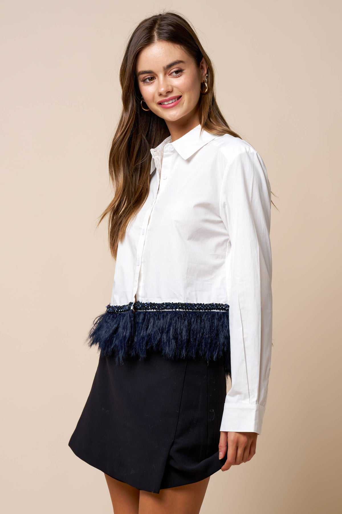 Margaux Feather Trim Button-Down Shirt